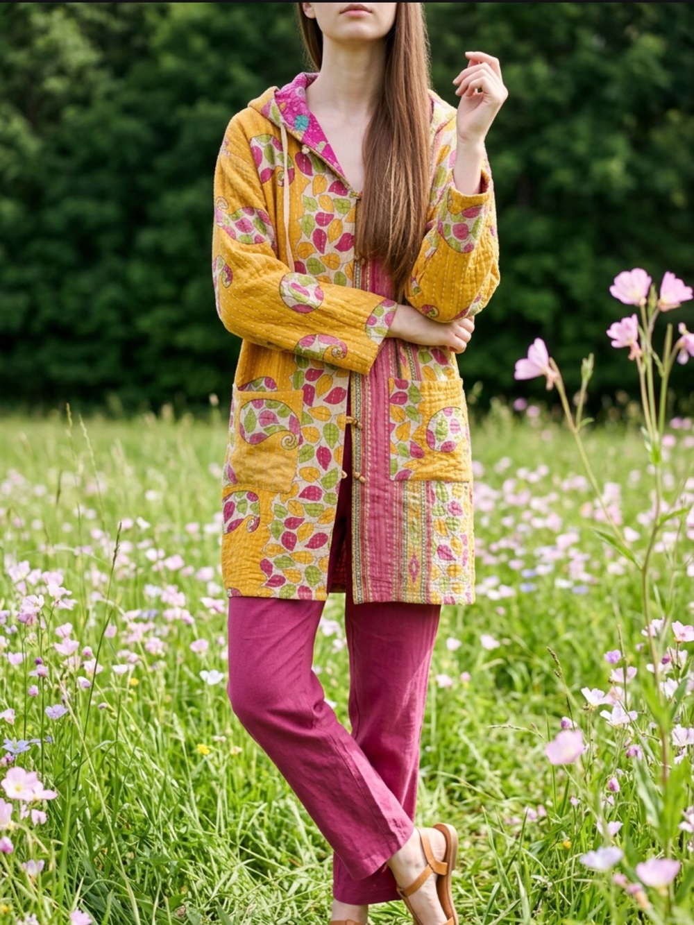 Reversible Boho Kantha Hooded lightweight jacket in Mustard & Pink